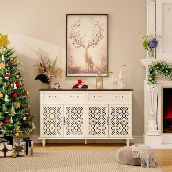 LFGUIZO 59″ White Retro Sideboard with 4 Heart Shaped Carved Doors, 2 Drawers and 2 Adjustable Shelves, Dining Room,Living Room, TV Stand