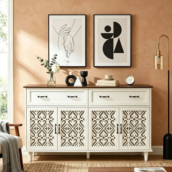 LFGUIZO 59″ White Retro Sideboard with 4 Heart Shaped Carved Doors, 2 Drawers and 2 Adjustable Shelves, Dining Room,Living Room, TV Stand
