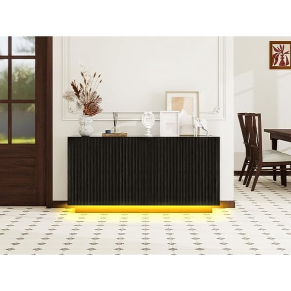 LFGUIZO 59-Inch Fluted Sideboard Buffet Cabinet with Charging Station RGB LED Lights, Black Marble Tabletop Wood Credenza, Living Room Storage Cabinet