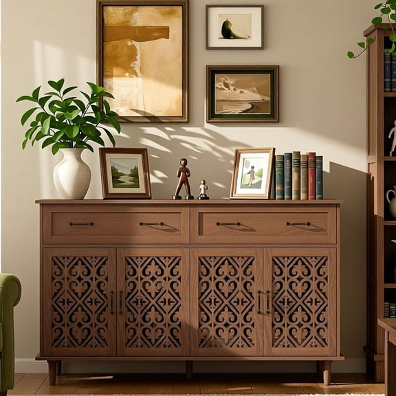 LFGUIZO 59″ Walnut Retro Sideboard with 4 Heart Shaped Carved Doors, 2 Drawers and 2 Adjustable Shelves, Dining Room,Living Room, TV Cabinet