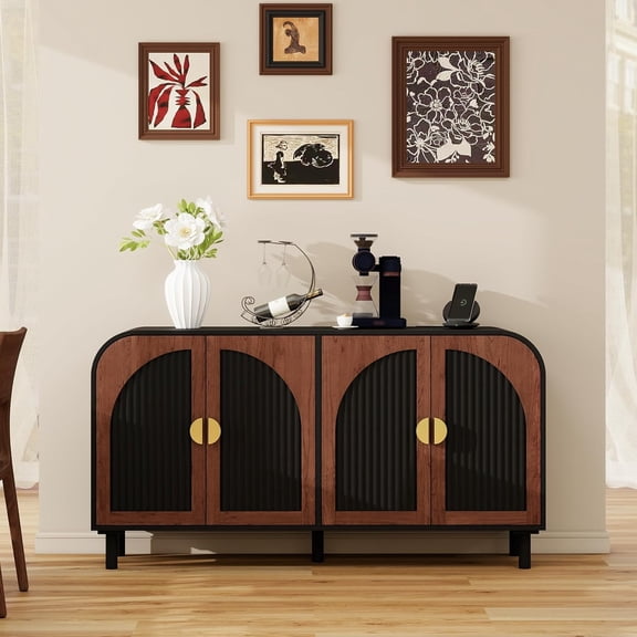 LFGUIZO 59-inch Japandi Sideboard Buffet Cabinet with Power Outlet and Type-C Port, Modern Arched Fluted Storage Cabinet with Adjustable Shelves for Kitchen Dining Room and Coffee Bar