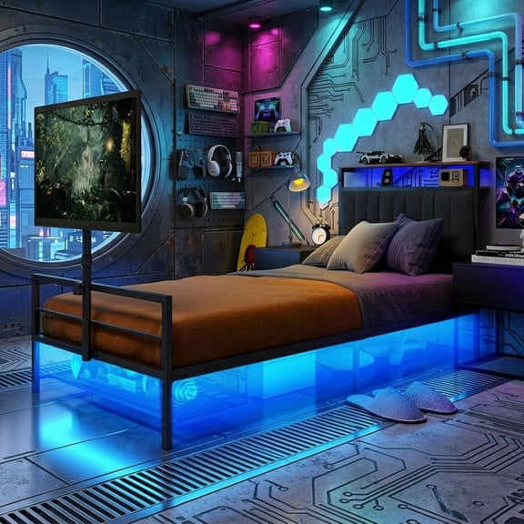LFGUIZO Twin Size Gaming Bed Frame with TV Mount and Charging Station, Black Metal Platform Bed with All-Around LED Lights and Underbed Storage with Vented Storage Shelf No Box Spring Needed