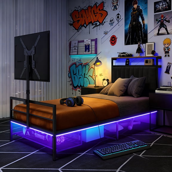 LFGUIZO Twin Size Gaming Black Metal Bed Frame TV Stand Charging Station, Soft-Padded Headboard, LED Light, Storage Rack, No Spring Box Required