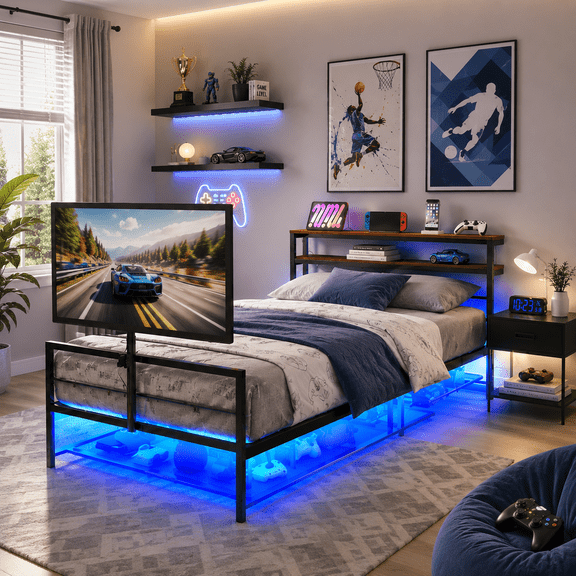 LFGUIZO Twin XL Size Gaming Metal Bed Frame with Rotating TV Mount & 4-in-1 Charging Station, Heavy Duty Platform Bed with LED Lights and 2-Tier Wood Storage Headboard, No Box Spring Needed, Black