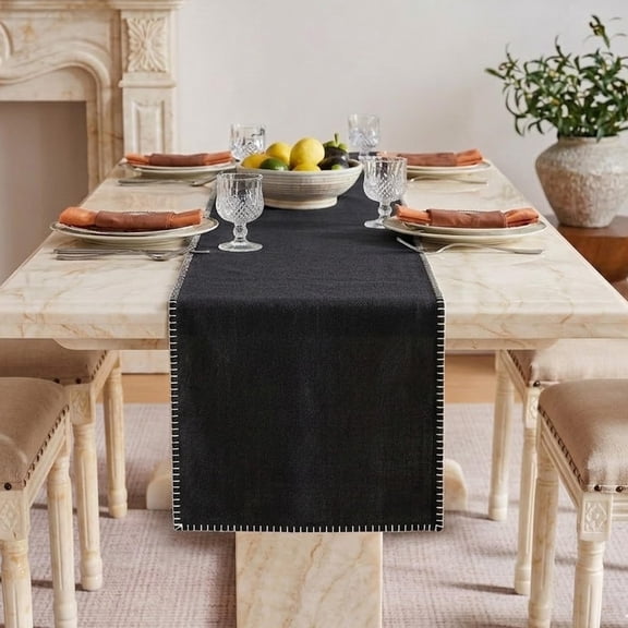 LFH HOME Cotton Rich Table Runner with Blanket Stitch,18 x 108 Inch Decorative Farmhouse Dining Table Runner, Washable Table Decor for Kitchen,Dining Room,Coffee Table,Buffet & Holiday Decor,Black