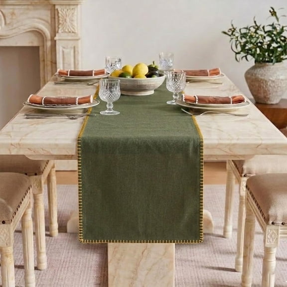 LFH HOME Cotton Rich Table Runner with Blanket Stitch,18x120 Inch Decorative Farmhouse Dining Table Runner,Washable Table Decor for Kitchen,Dining Room,Coffee Table,Buffet,Military Green