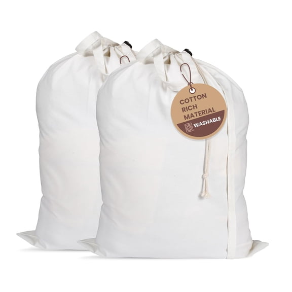 LFH Home Cotton Canvas Large Laundry Bag with Handle, Heavy Duty Drawstring Closure Washable Laundry Bags, Home, Hotel, College Dorm, Organizer Sack, Toy Clothes 28x36 (Pack of 2)-White