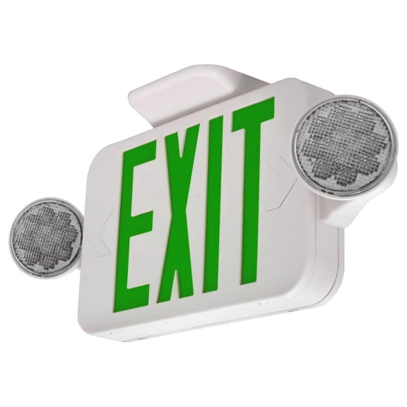 LFI Lights | Combo Green Exit Sign with Emergency Lights | White Housing | All LED | Two Adjustable Round Heads | Hardwired with Battery Backup | UL Listed | (1 Pack) | COMBOJR2-G