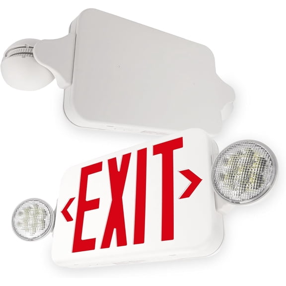 LFI Lights Compact COMBO, UL 924 Listed Exit Sign with Emergency Lights, Red LED, White, 120/277VAC Hardwired with Battery Backup, Optional Double Face and Knock Out Arrows COMBOJR2RWBB