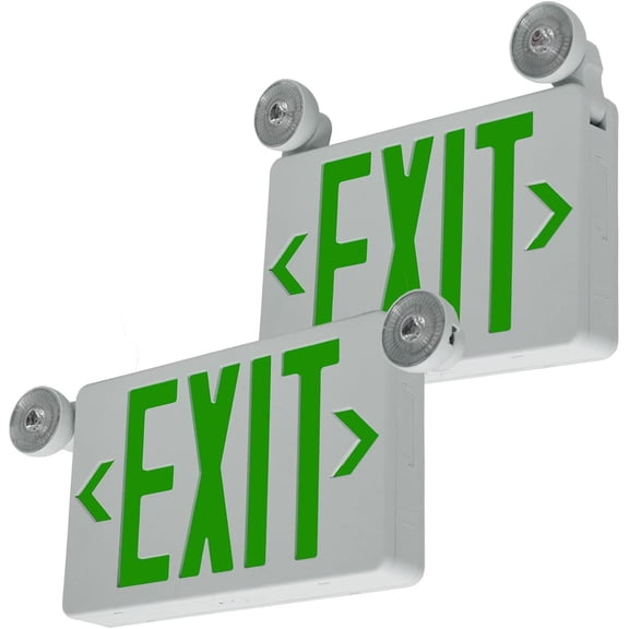 LFI Lights | Compact Combo Green Exit Sign with Emergency Lights | White Housing | All LED | Two Adjustable Round Heads | Hardwired with Battery Backup | UL Listed | (2 Pack) | COMBOC-G