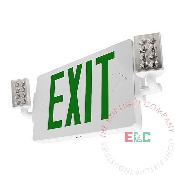 LFI Lights | Green LED Thin Exit Light Combo | 300 Adjustable Lamp Heads | White Housing | Battery Backup [COMBOT-G-W-BB]