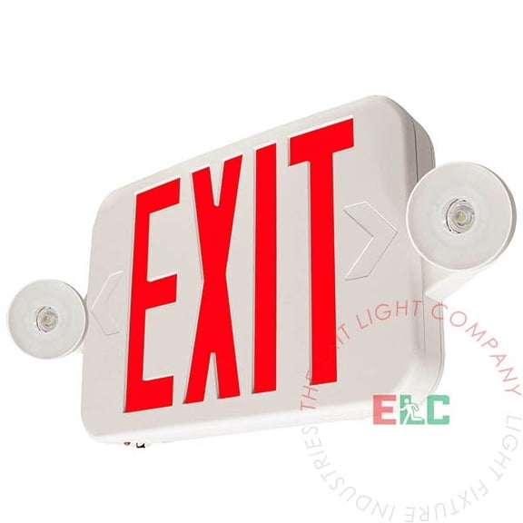 LFI Lights | Micro Red LED Exit Sign Emergency Light Combo | Adjustable Heads | White Housing | Battery Backup [COMBOJR-R-W-BB]