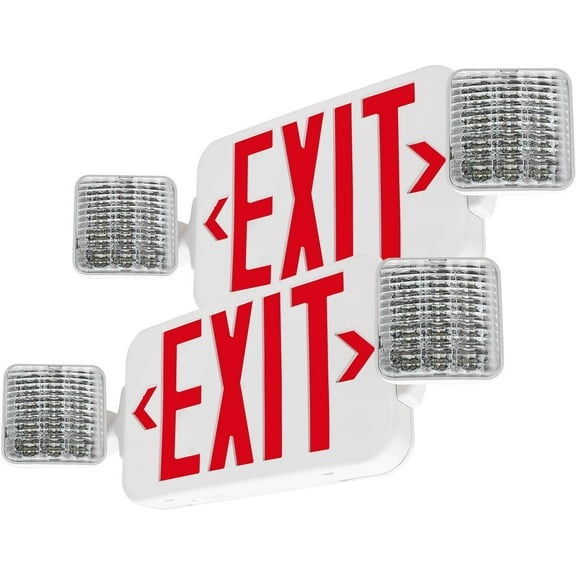 LFI Lights Standard COMBO UL 924 Listed, Red LED, Exit Sign with Emergency Lights, White, 120/277VAC Hardwired with Battery Backup, Optional Double Face and Knock Out Arrows COMBO2RWBB 2 Pack
