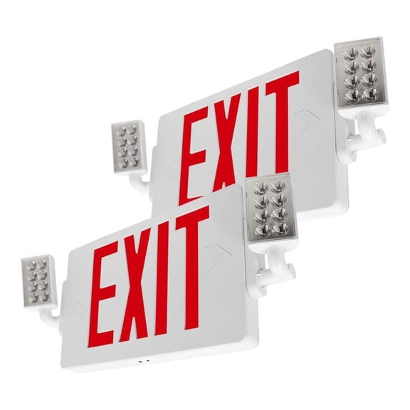 LFI Lights | Thin Combo Red Exit Sign with Emergency Lights | White Housing | All LED | Two Adjustable Heads | Hardwired with Battery Backup | UL Listed | (2 Pack) | COMBOT-R