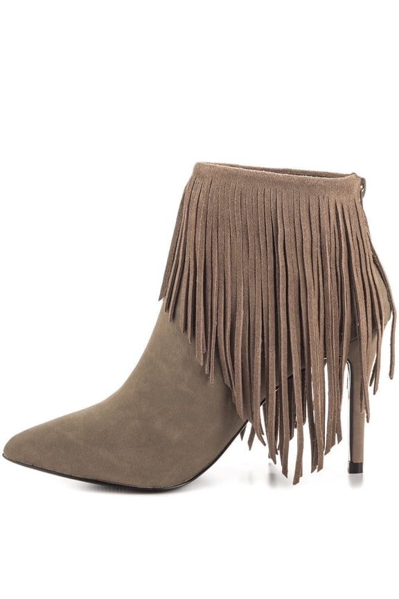 Shrine Boot Taupe Vegan Pointed Toe Mid Heel Booties (Taupe, 6.5)