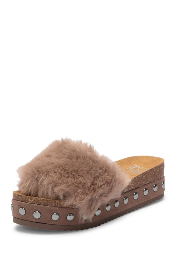 LFL by Lust For Life Women's LL-Prism Slide Sandal Tan Furry Mule Wedge Platform (Tan, 6)