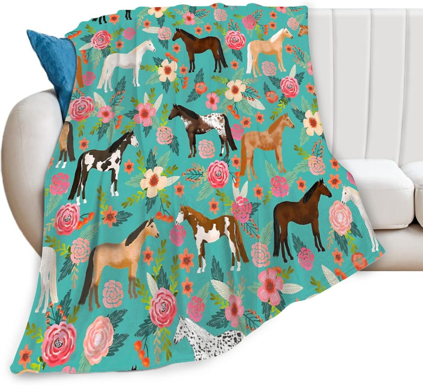 LFOGoods Horse Print Throw Blanket Horses And Flowers Pattern Blanket horse-blanket-animal-blanket-for-women-girls-who-love-horses-60-x50