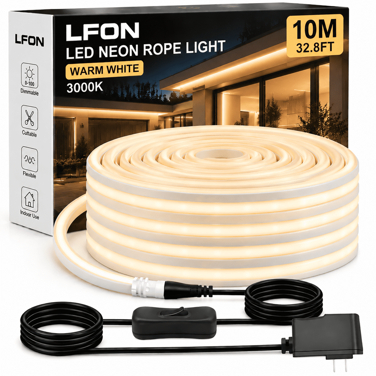 LFON 32.8FT LED Neon Rope Light, Warm White 24V Silicone Strip with ...