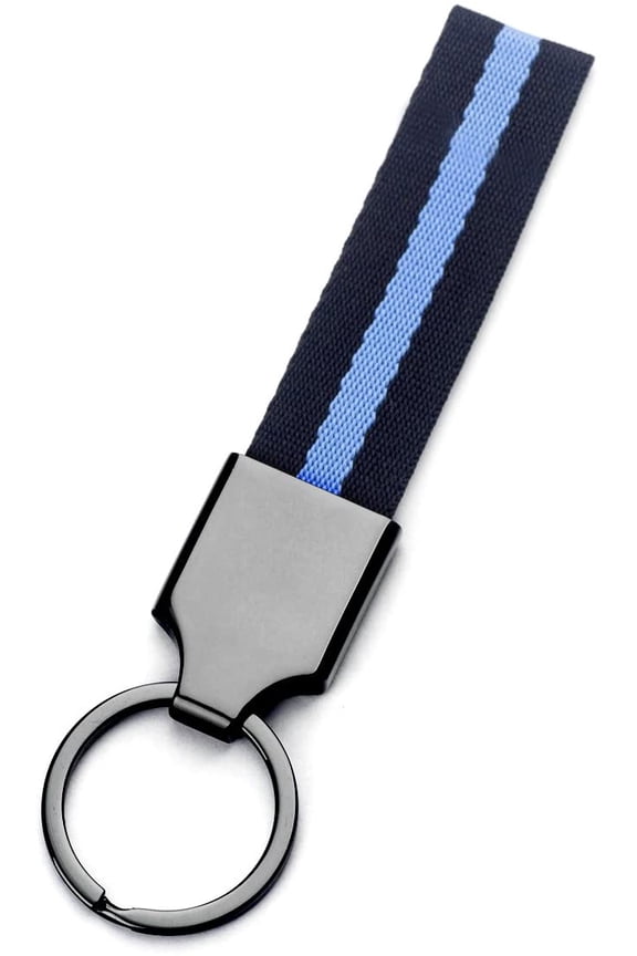 Thin Blue line Keychain Stripe Ribbon Nylon Band Metal Key Chain (Gun Metal)