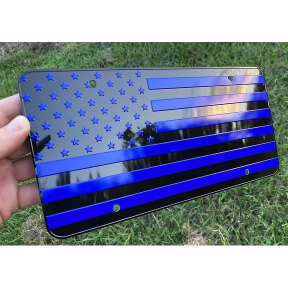 LFPartS USA Black Flag Metal Embossed License Plate (12"x6", Black Blue)
