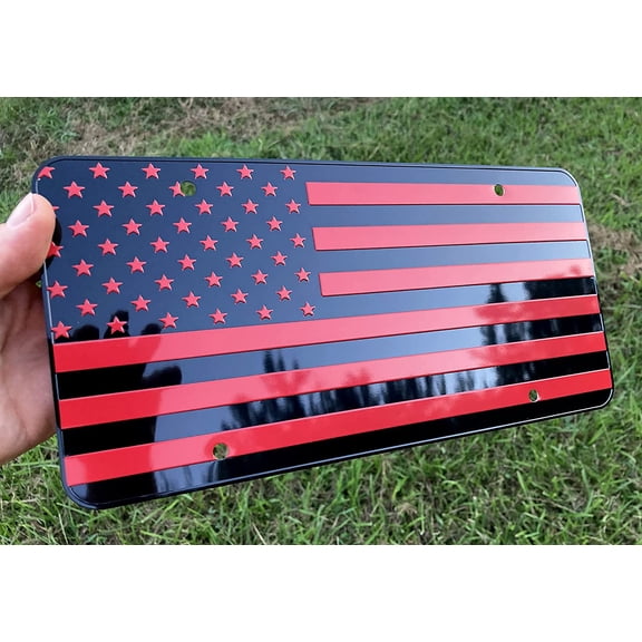 LFPartS USA Black Flag Metal Embossed License Plate (12"x6", Black Red)
