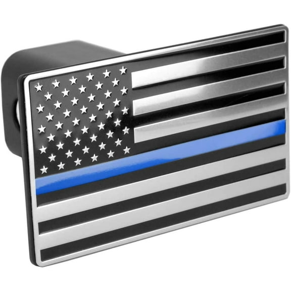 LFPartS USA Flag Emblem Metal Trailer Hitch Cover (Fits 1.25" Receivers, Black Chrome with Thin Blue Line)