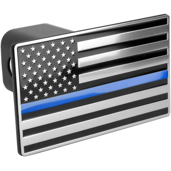 LFPartS USA US American Flag Emblem Metal Trailer Hitch Cover (Fits 2" Receivers, Black & Chrome with Thin Blue line)
