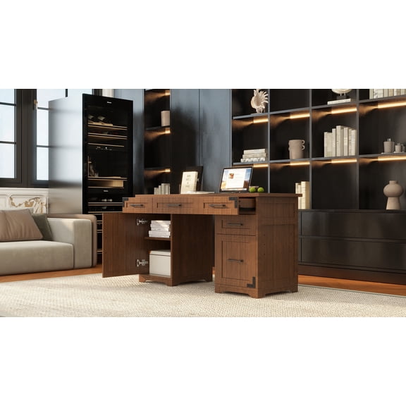 LFSLJJMY 55" Farmhouse Executive Desk with Charging Station & Power Outlet, Home Office Computer Desk with 5 Drawers and Cabinet, Rustic Wood Writing Study Table with File Drawer, Walnut