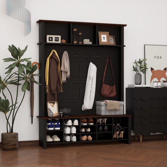 LFSLJJMY Farmhouse 4-in-1 Hall Tree with 6 Hooks, Practical Walnut Entryway Bench with Adjustable Shelves, Wooden Shoe Organizer with 16 Compartments for Mudroom, Living Room, Black