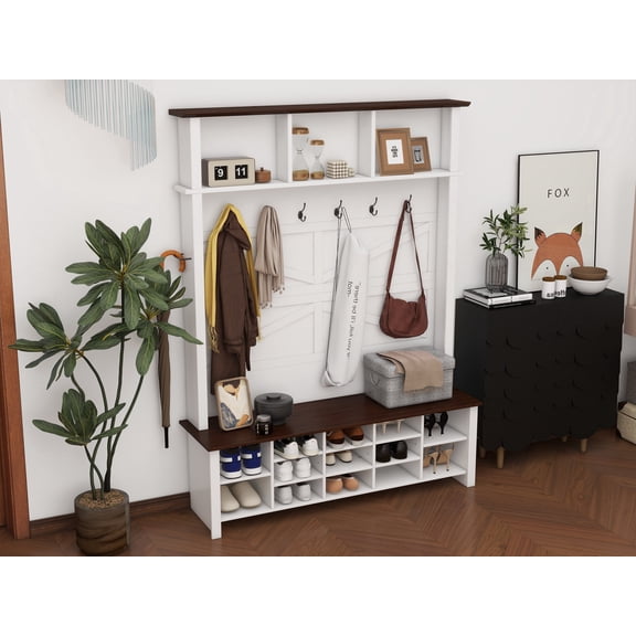 LFSLJJMY Farmhouse 4-in-1 Hall Tree with 6 Hooks, Walnut Entryway Bench with Shelves, Wooden Style Rustic Shoe Organizer with 16 Open Compartments for Mudroom, Living Room, White