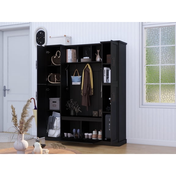 LFSLJJMY Farmhouse Elegant Hall Tree with 4 Side Cabinets, All-in-One Mudroom Furniture with Adjustable Shelves & Open Cubbies, Beadboard Entryway Bench with Coat Rack & 5 Hooks for Hallway