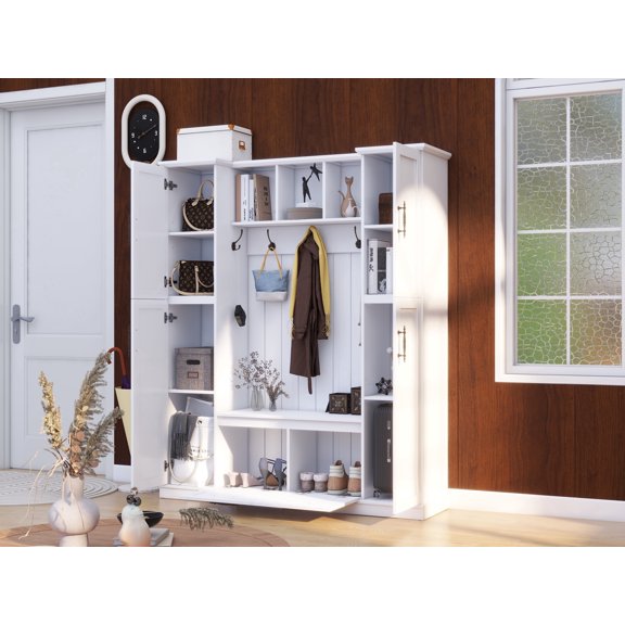 LFSLJJMY Farmhouse Elegant Hall Tree with 4 Side Cabinets, All-in-One Mudroom Furniture with Adjustable Shelves & Open Cubbies, Beadboard Entryway Bench with Coat Rack & 5 Hooks for Hallway, White
