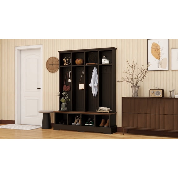 LFSLJJMY Farmhouse Hall Tree with 8 Hooks, Practical Entryway Bench with Open Compartments, 76.7"H Modern 3-in-1 Wooden Style Coat and Shoe Rack for Mudroom, Living Room, Black