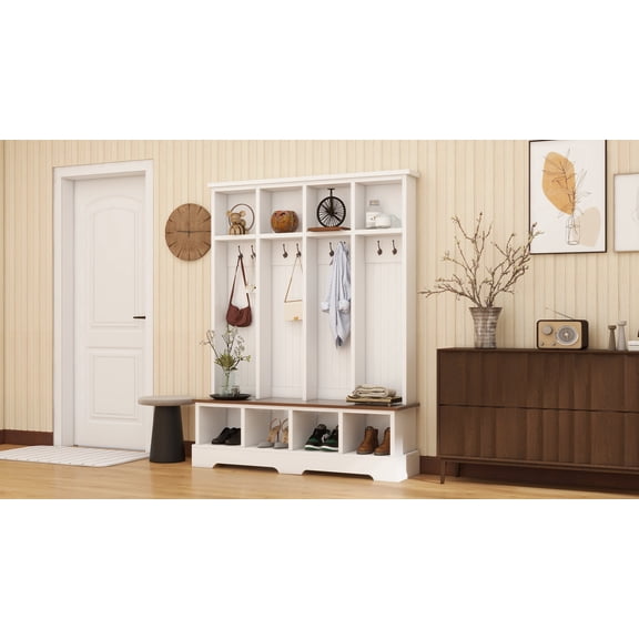 LFSLJJMY Farmhouse Hall Tree with 8 Hooks, Practical Entryway Bench with Open Compartments, 76.7"H Modern 3-in-1 Wooden Style Coat and Shoe Rack for Mudroom, Living Room, White