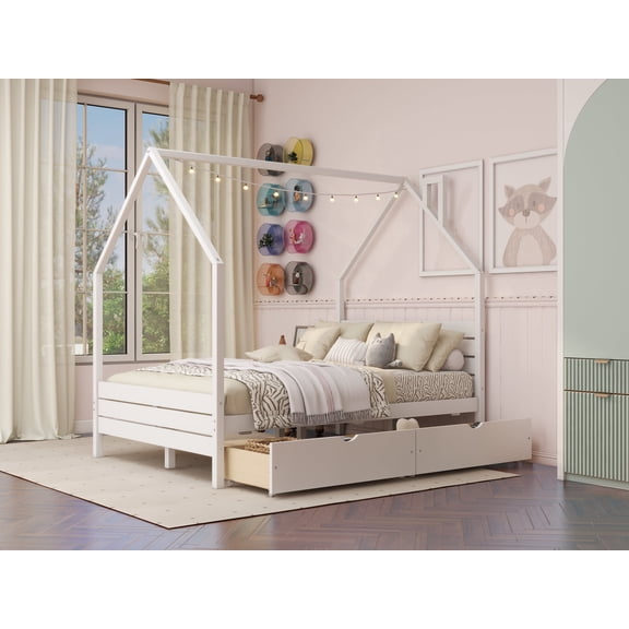 LFSLJJMY Full Bed Frame for Kids, Montessori Bed with 2 Storage Drawers, Wood House Shape Full Bed with Headboard, No Box Spring Needed, Easy Assemble, White