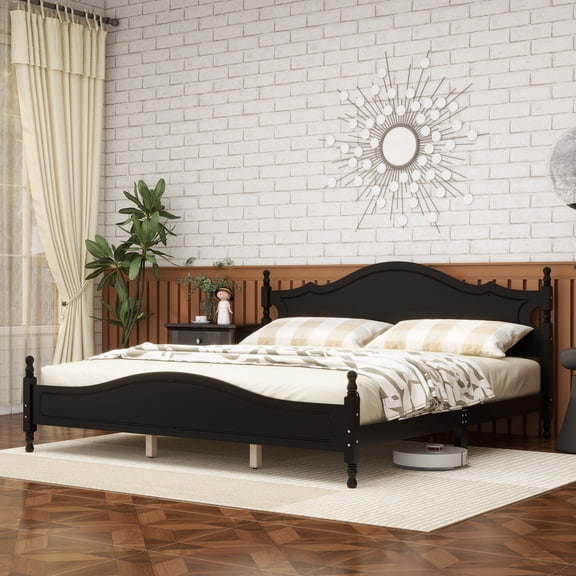 LFSLJJMY King Bed Frame with Headboard, Retro Style Wooden Platform Bed with Wood Slats Support, King Bed Frame No Box Spring Needed, Easy Assembly, Black