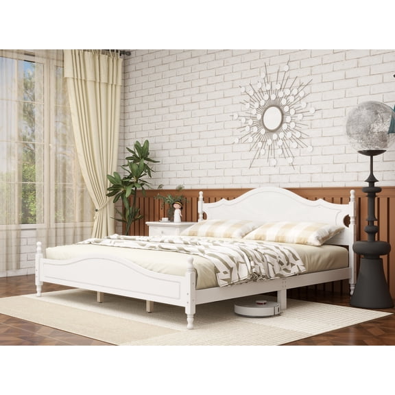 LFSLJJMY King Bed Frame with Headboard, Retro Style Wooden Platform Bed with Wood Slats Support, King Bed Frame No Box Spring Needed, Easy Assembly, White