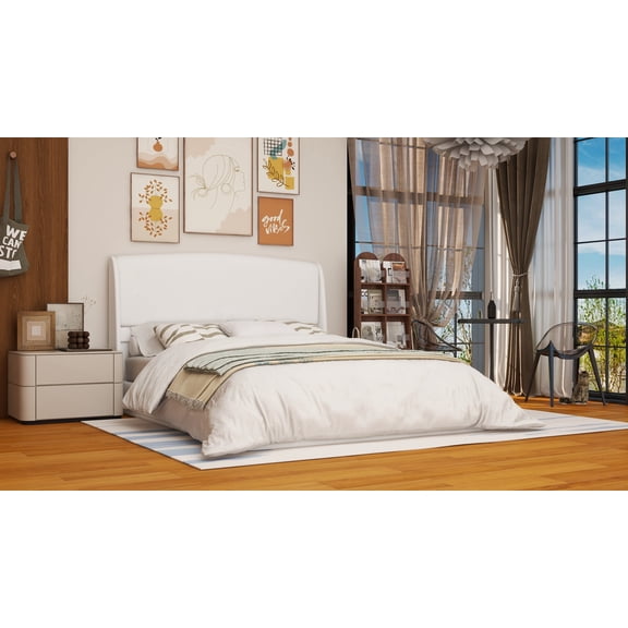 LFSLJJMY King Size Platform Bed Frame with Retro Wave Headboard, Wooden Slat Support, No Box Spring Needed, Easy Assembly, Sturdy Structure ,Bedroom Furniture with Classic Vintage Design,White