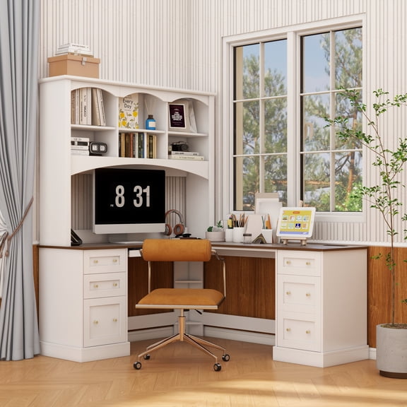 LFSLJJMY  Space-Saving L-Shaped Computer Desk with Keyboard Tray & Charging Stations, Farmhouse Walnut Corner Desk with Arched Hutch, All-in-One Home Office Desk with File Drawers for Study, Office