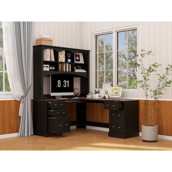 LFSLJJMY Space-Saving L-Shaped Computer Desk with Keyboard Tray & Charging Stations, Farmhouse Walnut Corner Desk with Arched Hutch, All-in-One Home Office Desk with File Drawers for Study, Office,