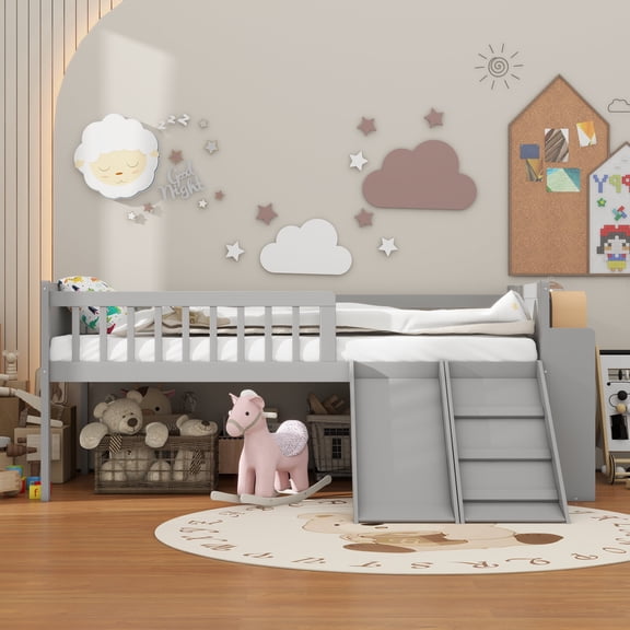LFSLJJMY Twin Bed Frame with Storage Shelf, Wooden Bed Frame with Slide and Ladder,Platform Twin Size Bed with Guardrail, No Box Spring Needed, Easy Assembly, Gray