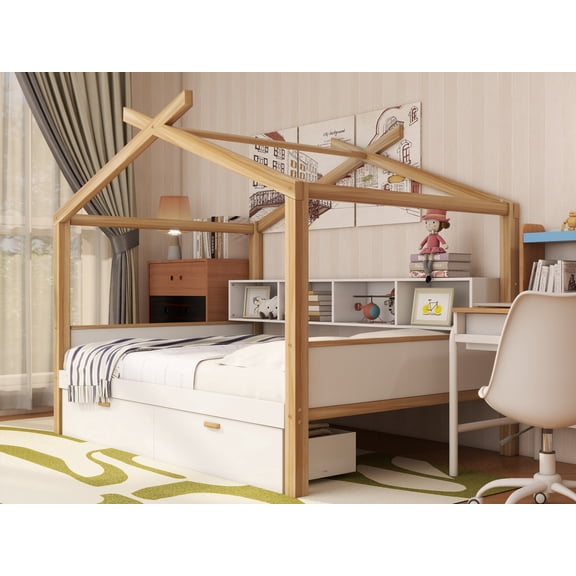 LFSLJJMY White Full Size Wooden House Bed Original Wood Colored Frame with Two Drawers and Bookshelf Storage Space for Children or Guest Room