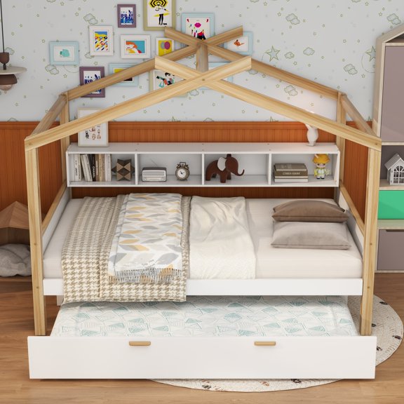 LFSLJJMY White Full Size Wooden House Bed with Original Wood Colored Frame Twin Size Trundle and Bookshelf Storage Space for Children or Guest Room