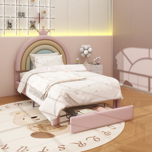 LFSLJJMY win Size Upholstered Rainbow Design Bed, Velvet Princess Platform Bed with Storage Drawer, No Box-spring Needed,Colorful&Pink