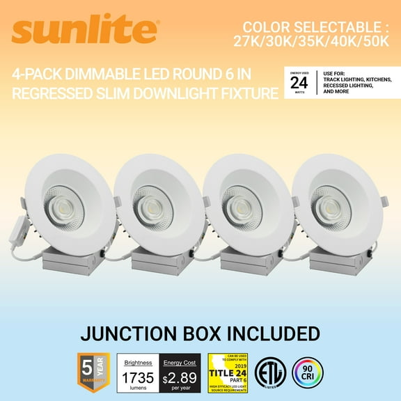 Sunlite 6-Inch LED Round Regressed Downlight Fixture, 24 Watts, 1735 Lumens, Canless, Color Selectable 27K/30K/35K/40K/50K, 90 CRI, Dimmable, ETL Listed, Title-24 Compliant, 4 Pack