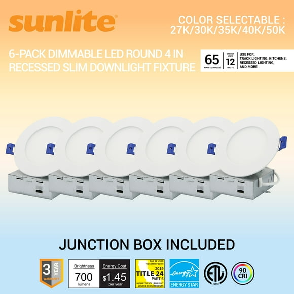 Sunlite 41871 LED 4" Round Recessed Slim Downlight Fixture, 12 Watts, 700 Lumens, CCT Switch 27K/30K/35K/40K/50K, 90 CRI, Dimmable, Energy Star, ETL Listed, Matte White, Title-24 Compliant, 6 Pack