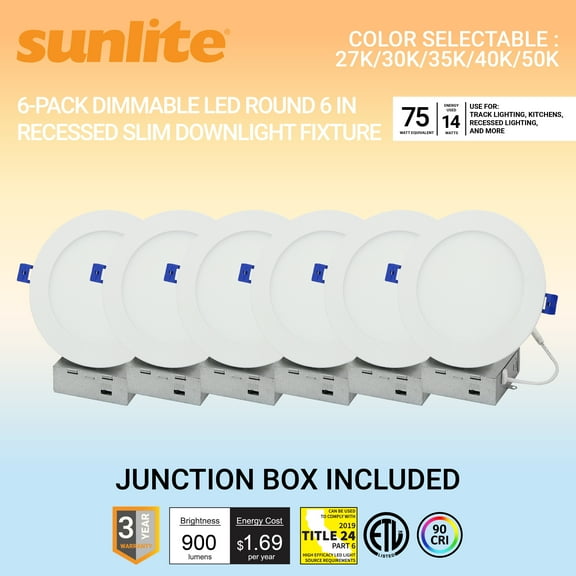 Sunlite LED 6" Round Recessed Slim Downlight Fixture, 14W (75W=), 900 Lmns, CCT Switch 27K/30K/35K/40K/50K, 90 CRI, 120V, Dimmable, Canless, ETL Listed, Title-24 Compliant, 6 Pack