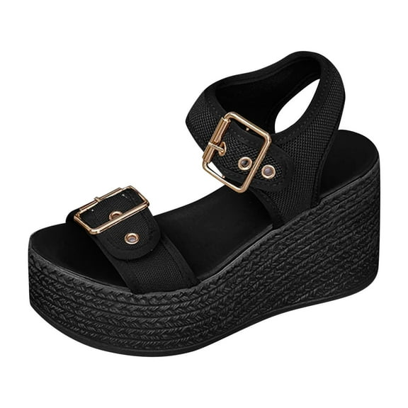LFXJVY Sandals For Women Wedge Heel Platform Ankle Solid Strap Oen Toe Buckle Beach Spring And Summer Black 43