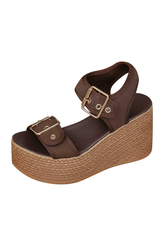 Sandals For Women Wedge Heel Platform Ankle Solid Strap Oen Toe Buckle Beach Spring And Summer Coffee 42