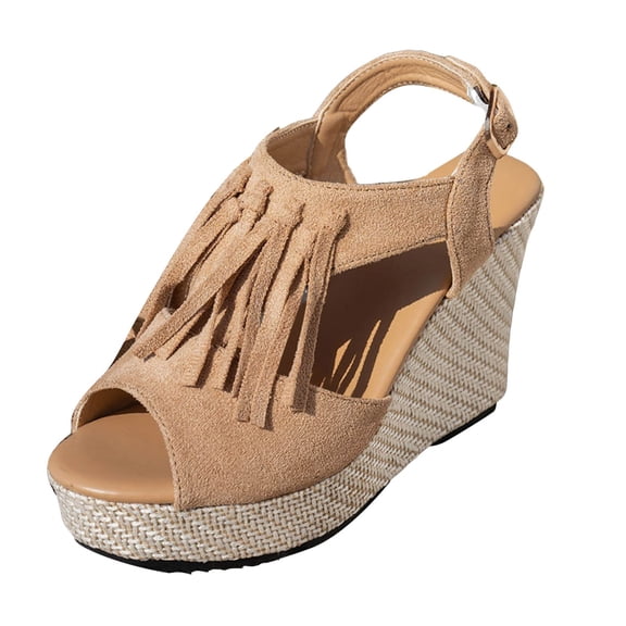 LFXJVY Sandals For Women Wedge Heel Platform Solid Tassel Dressy Ankle Strap Backstrap Open Toe Holiday Party Summer Khaki 41